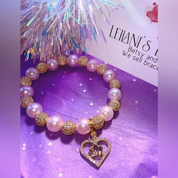 Pink pearl and gold rhinestone bead stretch bracelet/ 10mm pink pearls / - Picture 2 of 4